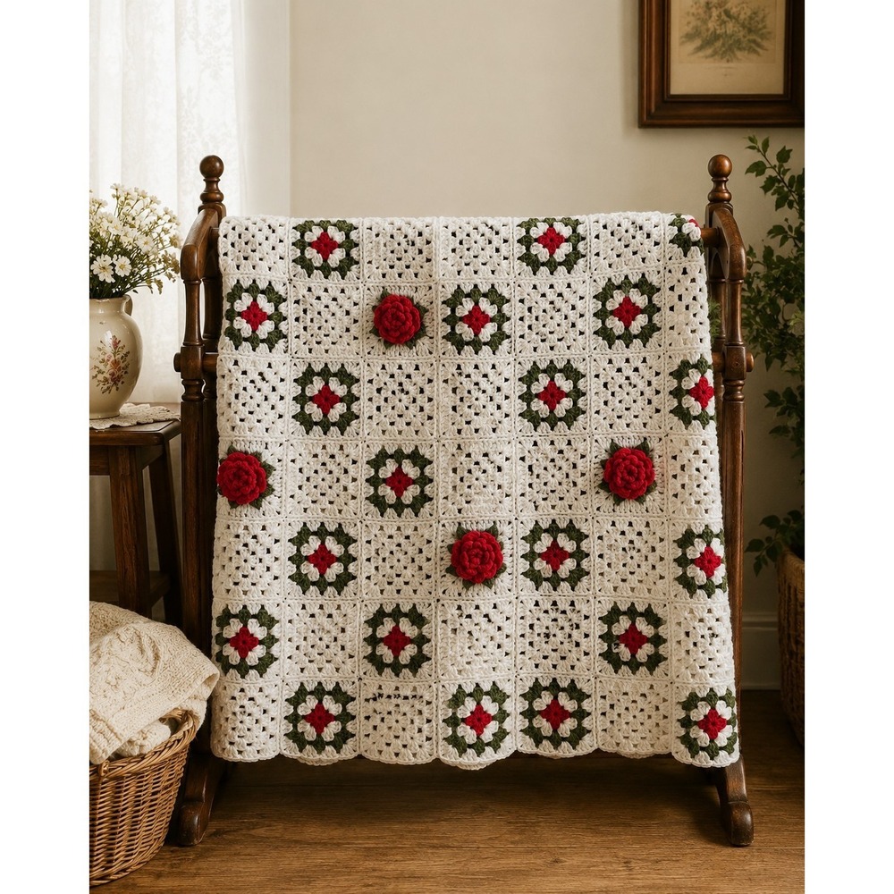 Handmade Crochet Granny Square Afghan Throw Blanket 3D Roses White Floral 50x40